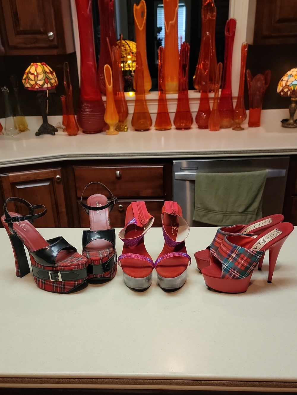 2 Red Plaid Platform Heels 1 Red Sparkle! Ellie & Foreplay